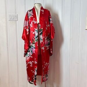 Red Satin Kimono Robe – Floral & Peacock Print Statement Piece - One size